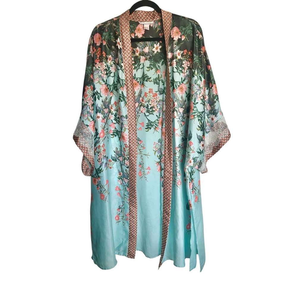 Victoria's Secret Dream Angels‎ Kimono Robe Lace Teal Pink Floral Medium/Large